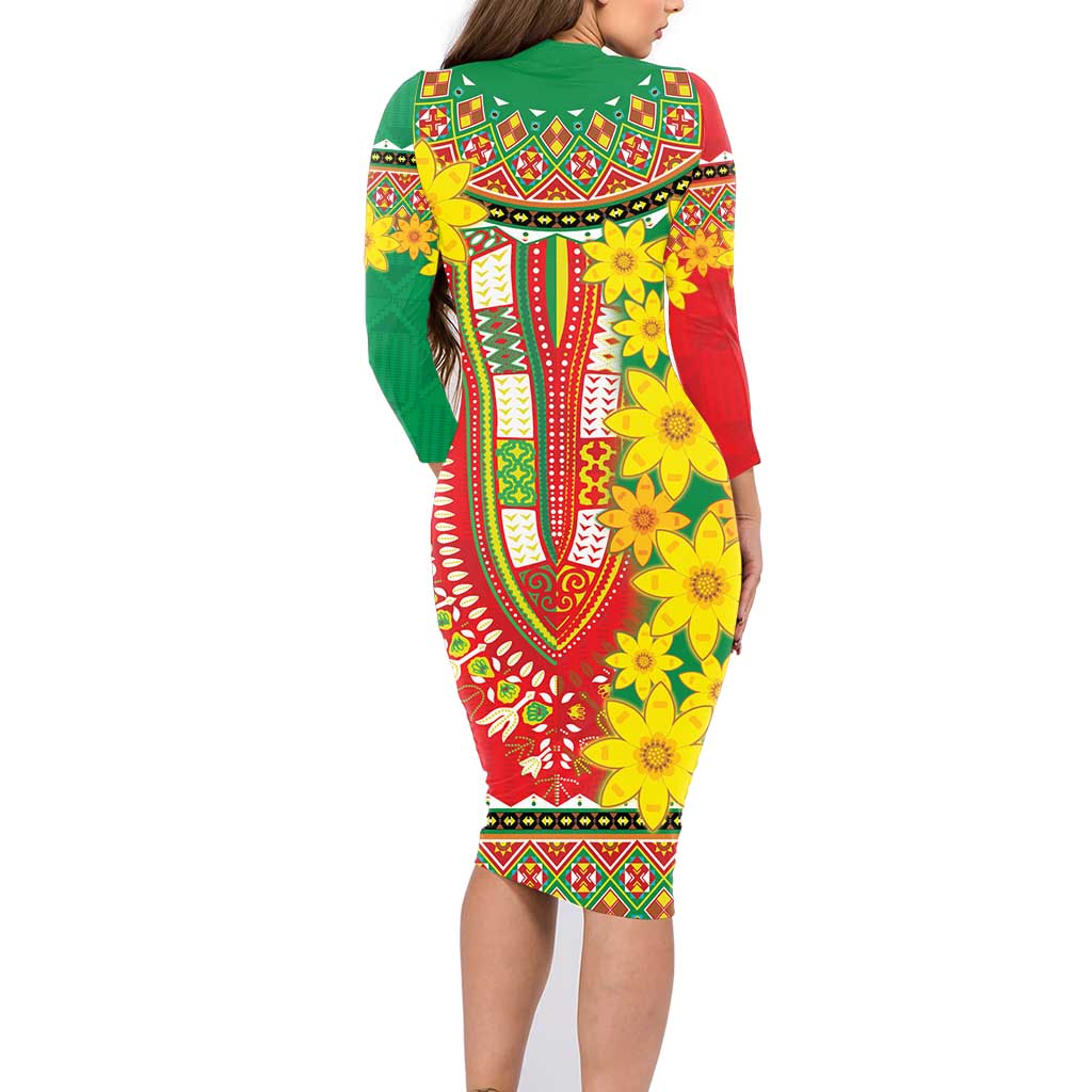 Ethiopian New Year Family Matching Long Sleeve Bodycon Dress and Hawaiian Shirt Enkutatash Adey Abeba Flower Art LT9 - Wonder Print Shop