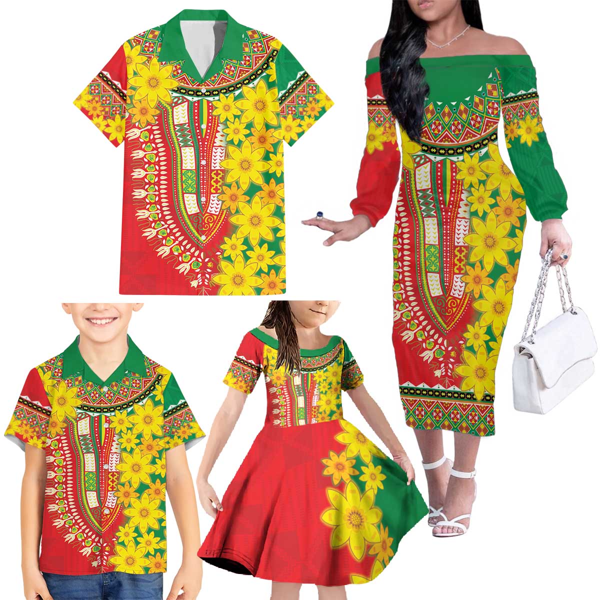 Ethiopian New Year Family Matching Off The Shoulder Long Sleeve Dress and Hawaiian Shirt Enkutatash Adey Abeba Flower Art - Wonder Print Shop