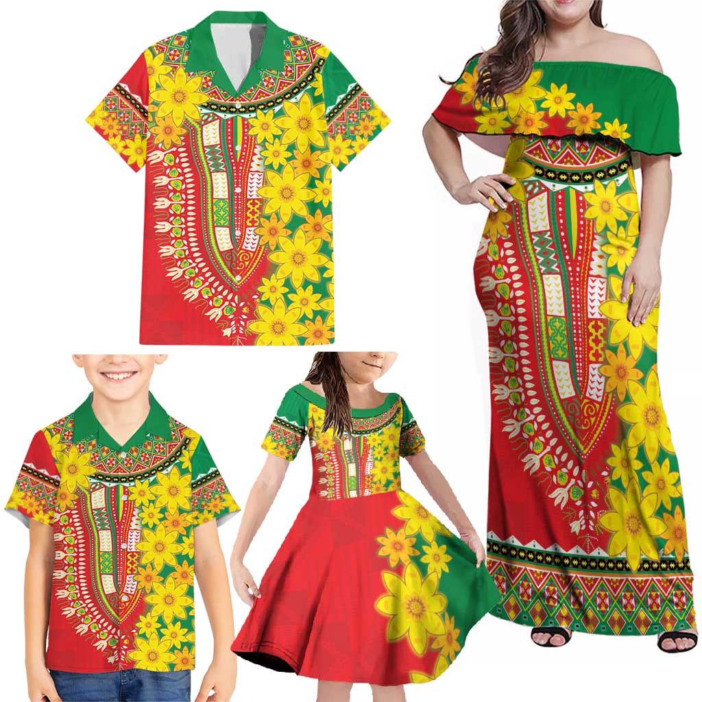 Ethiopian New Year Family Matching Off Shoulder Maxi Dress and Hawaiian Shirt Enkutatash Adey Abeba Flower Art LT9 - Wonder Print Shop