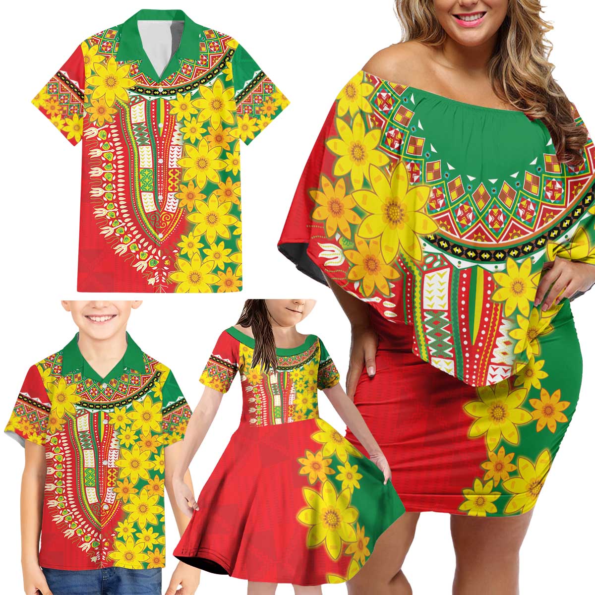 Ethiopian New Year Family Matching Off Shoulder Short Dress and Hawaiian Shirt Enkutatash Adey Abeba Flower Art LT9 - Wonder Print Shop