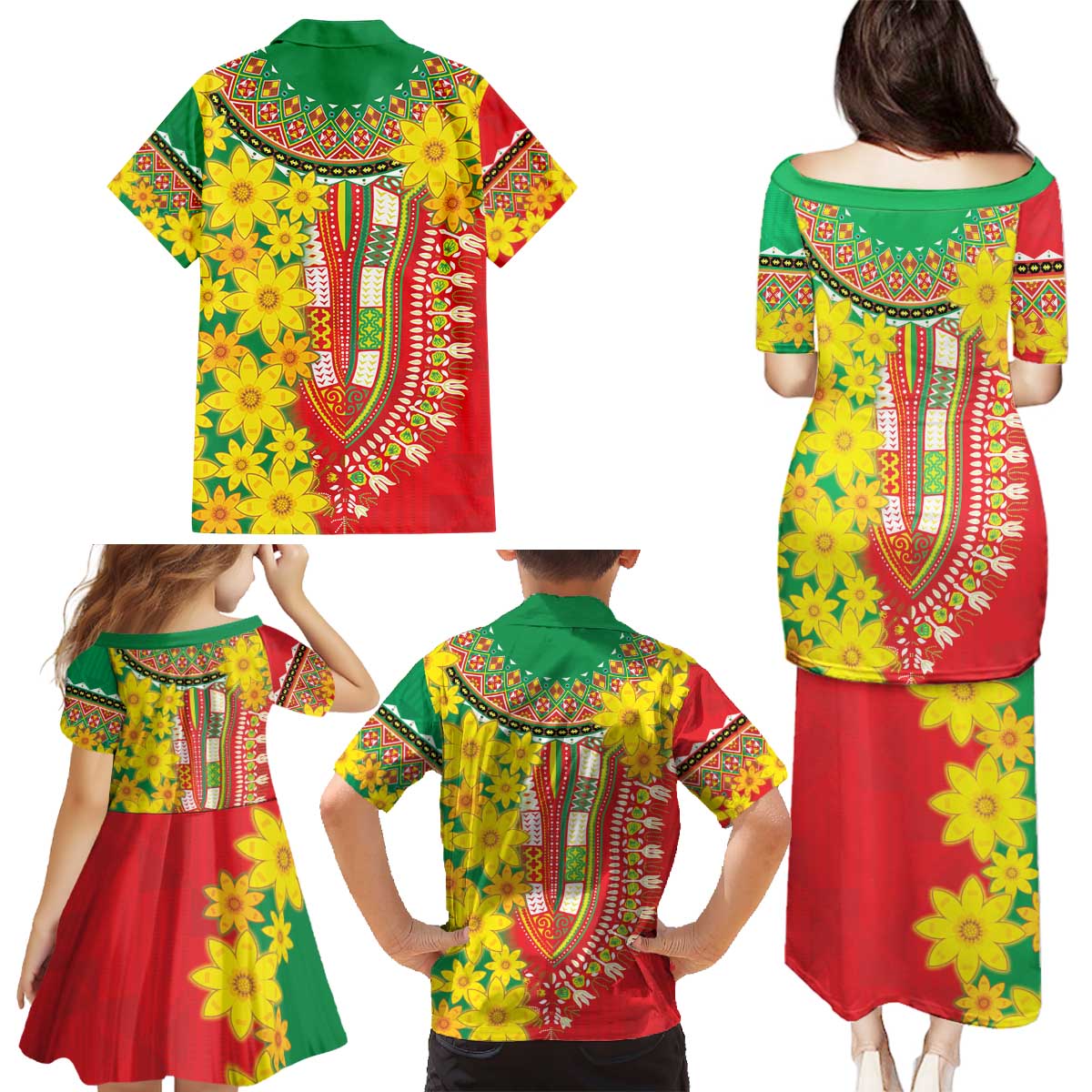 Ethiopian New Year Family Matching Puletasi and Hawaiian Shirt Enkutatash Adey Abeba Flower Art - Wonder Print Shop