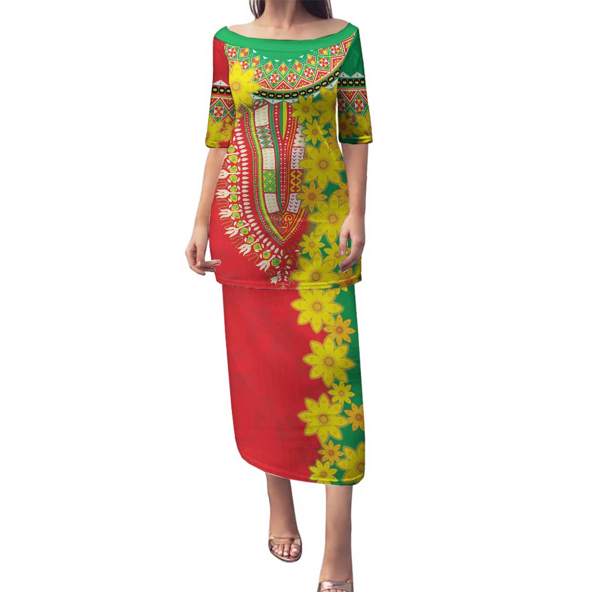 Ethiopian New Year Family Matching Puletasi and Hawaiian Shirt Enkutatash Adey Abeba Flower Art - Wonder Print Shop