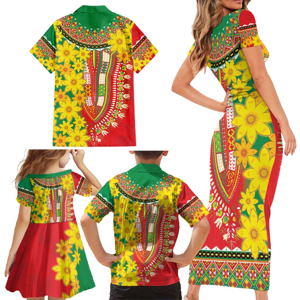 Ethiopian New Year Family Matching Short Sleeve Bodycon Dress and Hawaiian Shirt Enkutatash Adey Abeba Flower Art - Wonder Print Shop