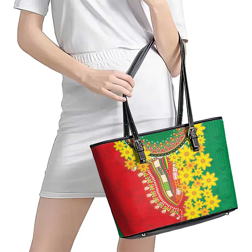 Ethiopian New Year Leather Tote Bag Enkutatash Adey Abeba Flower Art - Wonder Print Shop