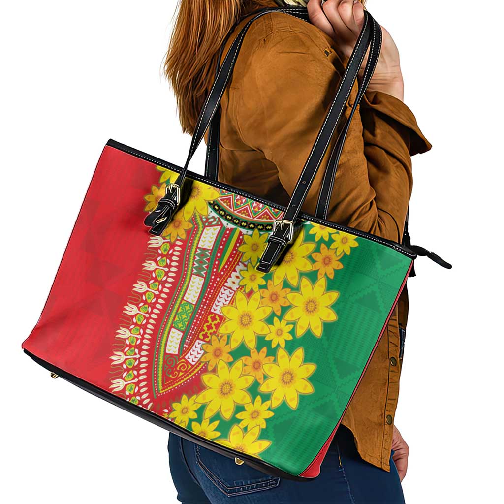 Ethiopian New Year Leather Tote Bag Enkutatash Adey Abeba Flower Art - Wonder Print Shop