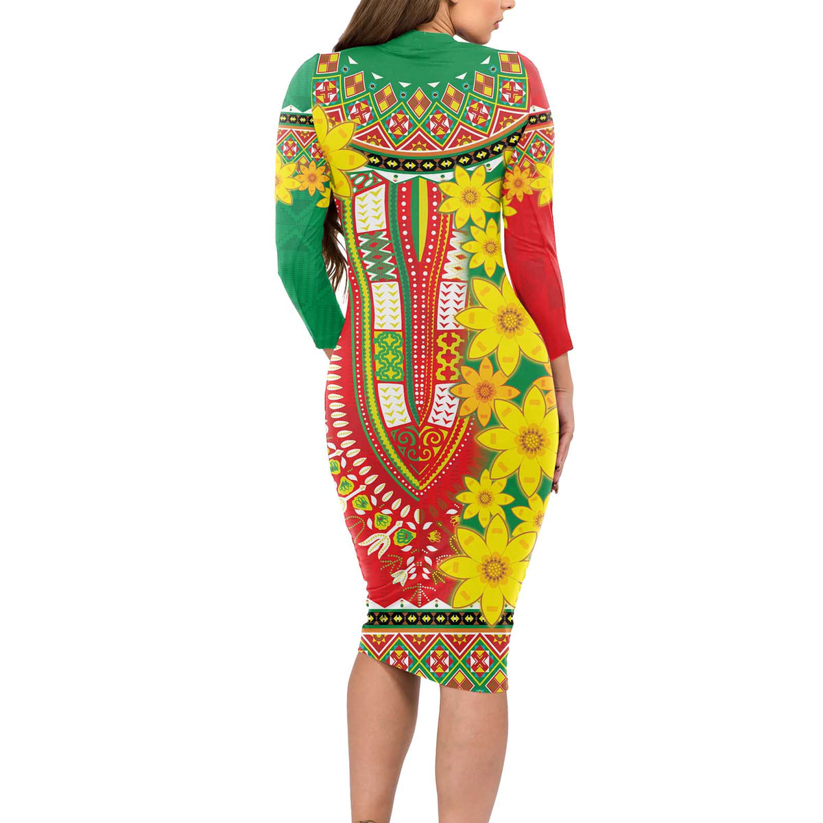 Ethiopian New Year Long Sleeve Bodycon Dress Enkutatash Adey Abeba Flower Art - Wonder Print Shop