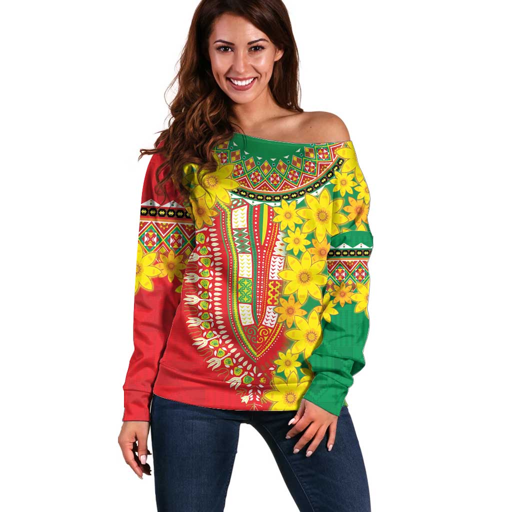 Ethiopian New Year Off Shoulder Sweater Enkutatash Adey Abeba Flower Art - Wonder Print Shop