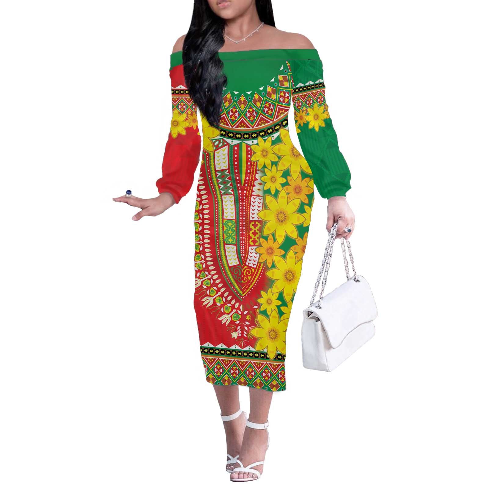Ethiopian New Year Off The Shoulder Long Sleeve Dress Enkutatash Adey Abeba Flower Art - Wonder Print Shop