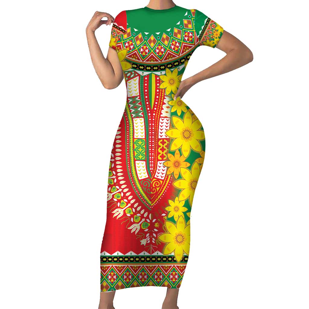 Ethiopian New Year Short Sleeve Bodycon Dress Enkutatash Adey Abeba Flower Art - Wonder Print Shop