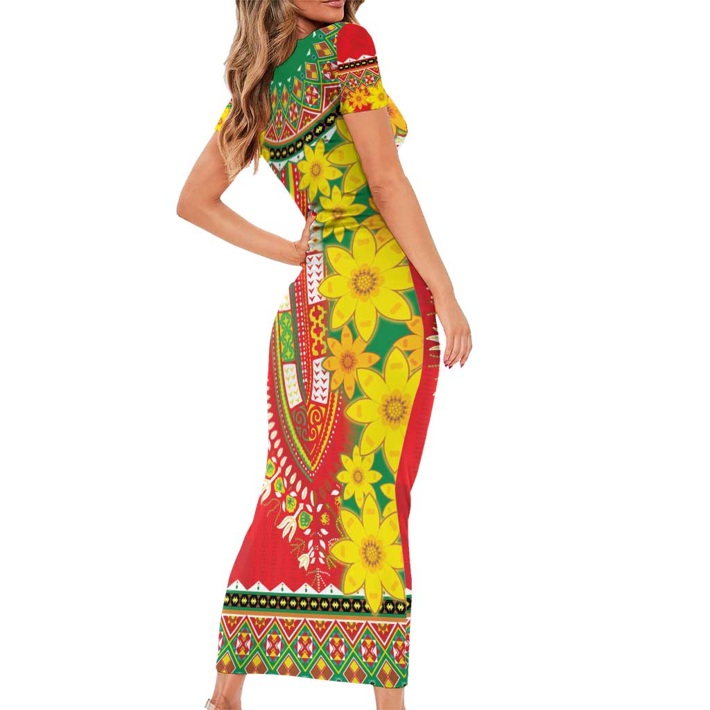 Ethiopian New Year Short Sleeve Bodycon Dress Enkutatash Adey Abeba Flower Art - Wonder Print Shop