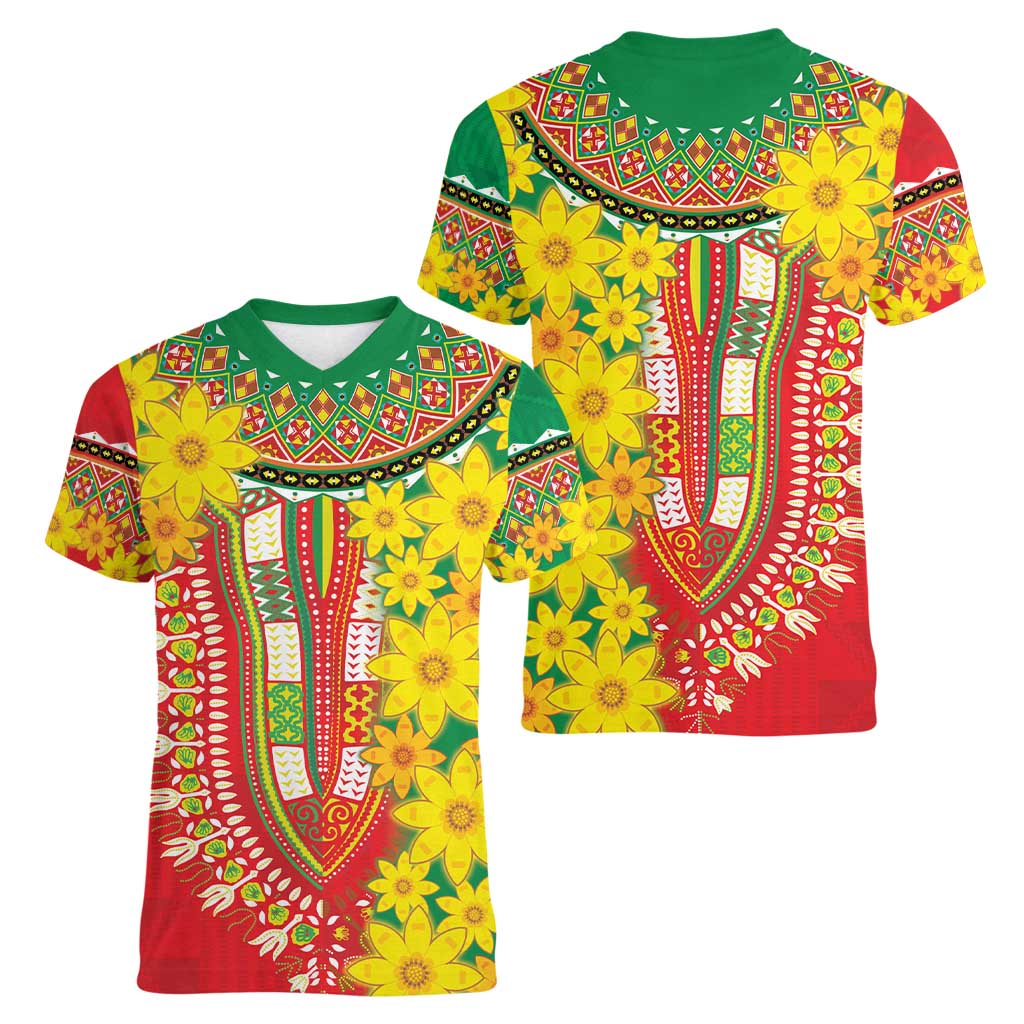 Ethiopian New Year Women V-Neck T-Shirt Enkutatash Adey Abeba Flower Art - Wonder Print Shop