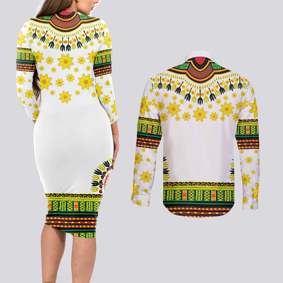 Enkutatash Dashiki and Adey Abeba Couples Matching Long Sleeve Bodycon Dress and Long Sleeve Button Shirt LT9 - Wonder Print Shop