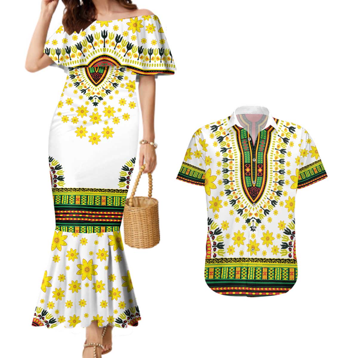Enkutatash Dashiki and Adey Abeba Couples Matching Mermaid Dress and Hawaiian Shirt LT9 - Wonder Print Shop