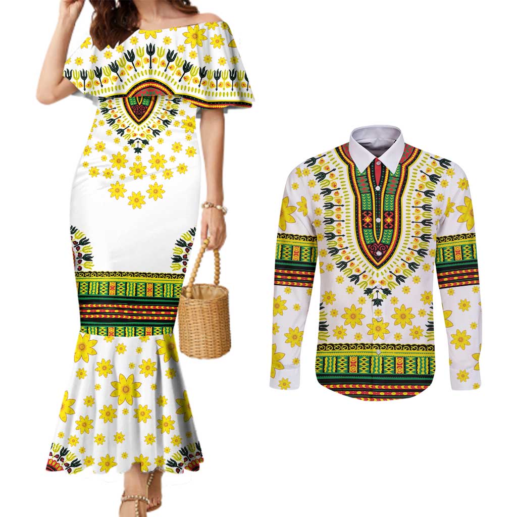 Enkutatash Dashiki and Adey Abeba Couples Matching Mermaid Dress and Long Sleeve Button Shirt