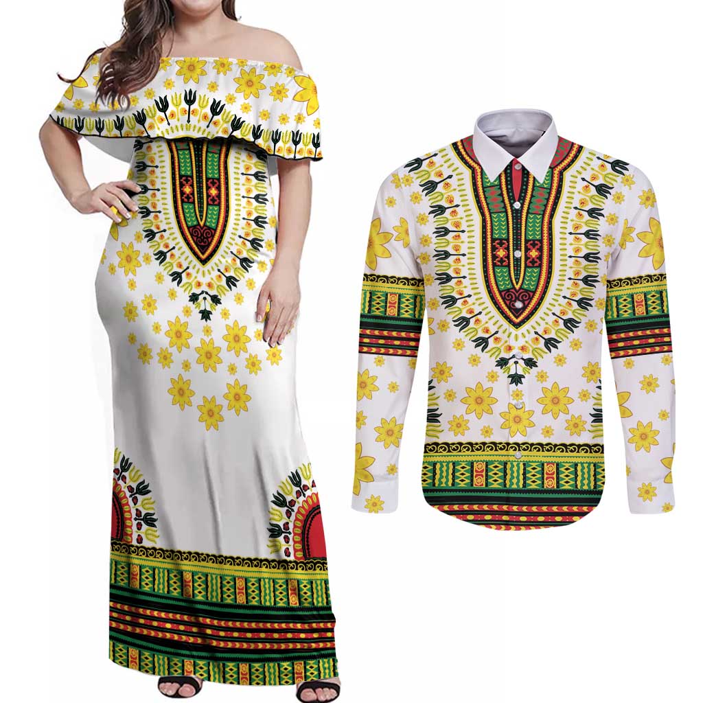 Enkutatash Dashiki and Adey Abeba Couples Matching Off Shoulder Maxi Dress and Long Sleeve Button Shirt LT9 - Wonder Print Shop