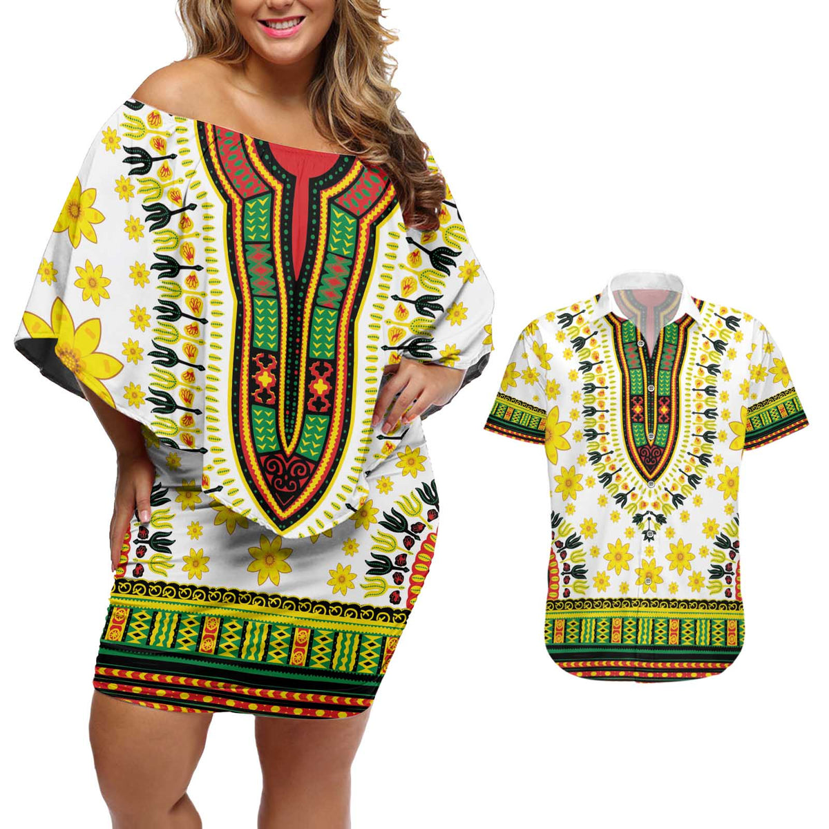 Enkutatash Dashiki and Adey Abeba Couples Matching Off Shoulder Short Dress and Hawaiian Shirt LT9 - Wonder Print Shop