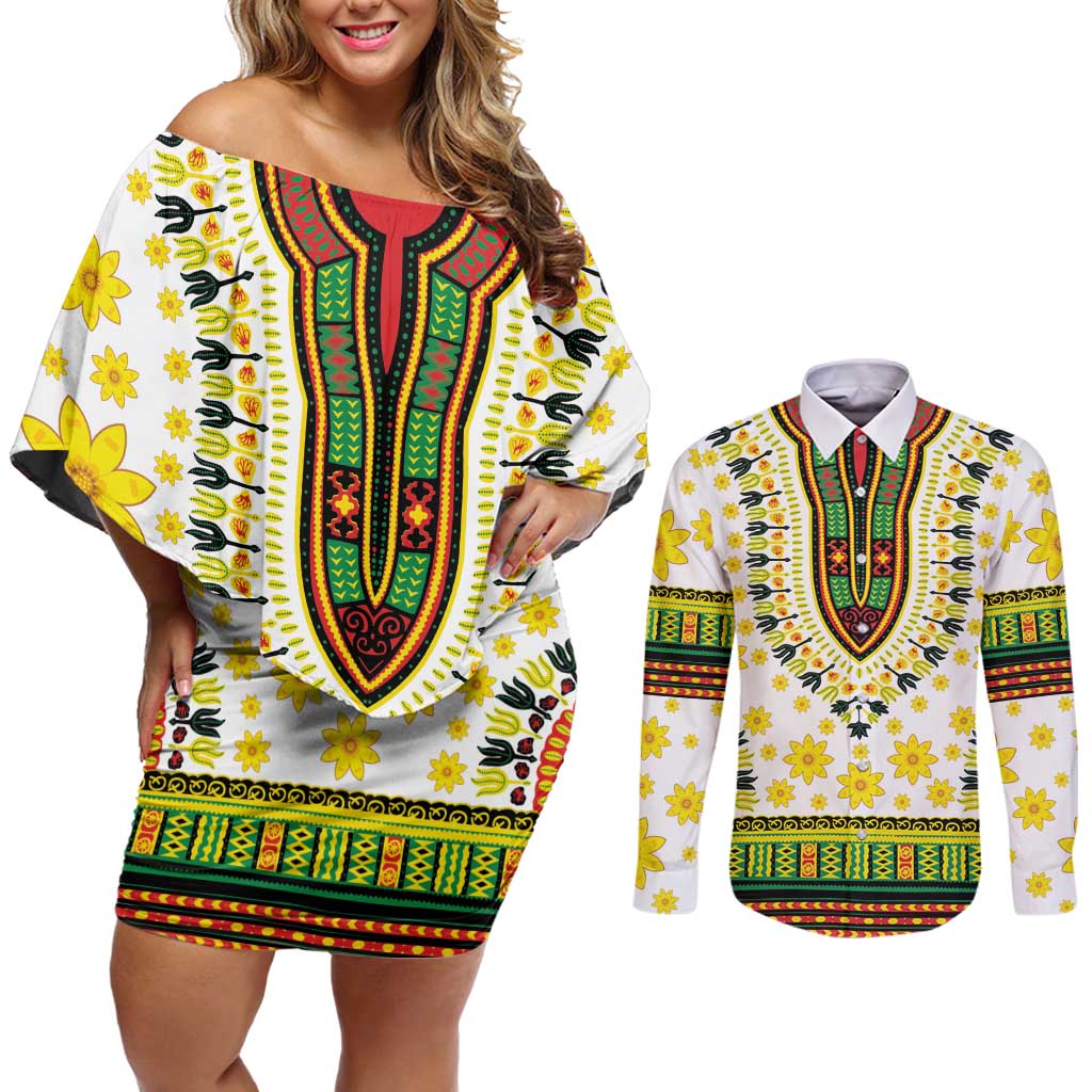 Enkutatash Dashiki and Adey Abeba Couples Matching Off Shoulder Short Dress and Long Sleeve Button Shirt LT9 - Wonder Print Shop