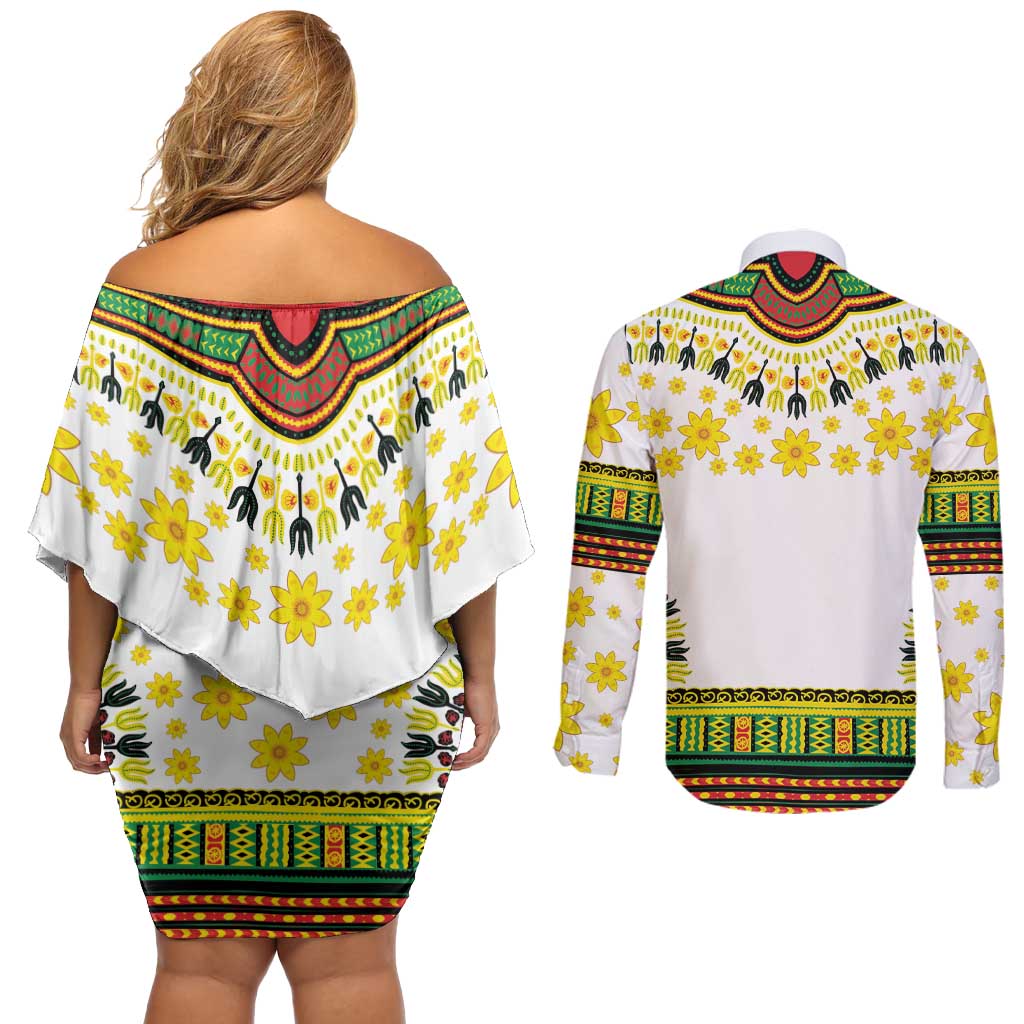 Enkutatash Dashiki and Adey Abeba Couples Matching Off Shoulder Short Dress and Long Sleeve Button Shirt LT9 - Wonder Print Shop