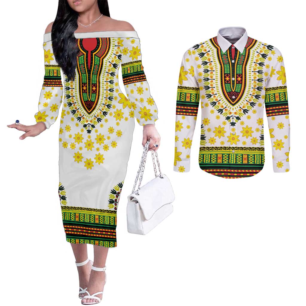 Enkutatash Dashiki and Adey Abeba Couples Matching Off The Shoulder Long Sleeve Dress and Long Sleeve Button Shirt