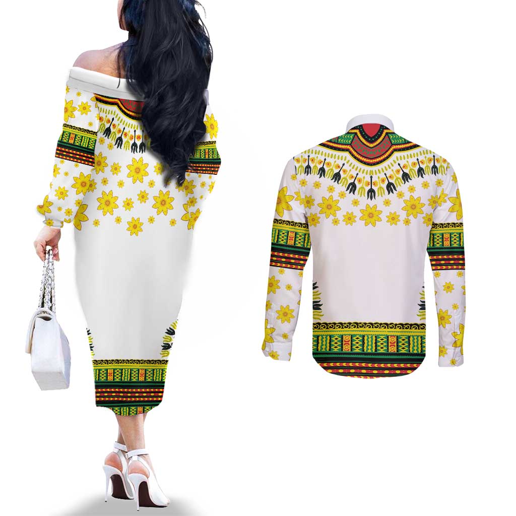 Enkutatash Dashiki and Adey Abeba Couples Matching Off The Shoulder Long Sleeve Dress and Long Sleeve Button Shirt
