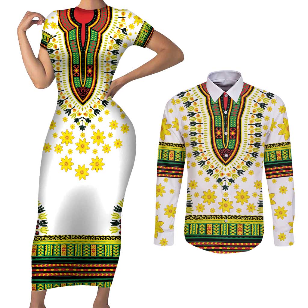 Enkutatash Dashiki and Adey Abeba Couples Matching Short Sleeve Bodycon Dress and Long Sleeve Button Shirt LT9 - Wonder Print Shop