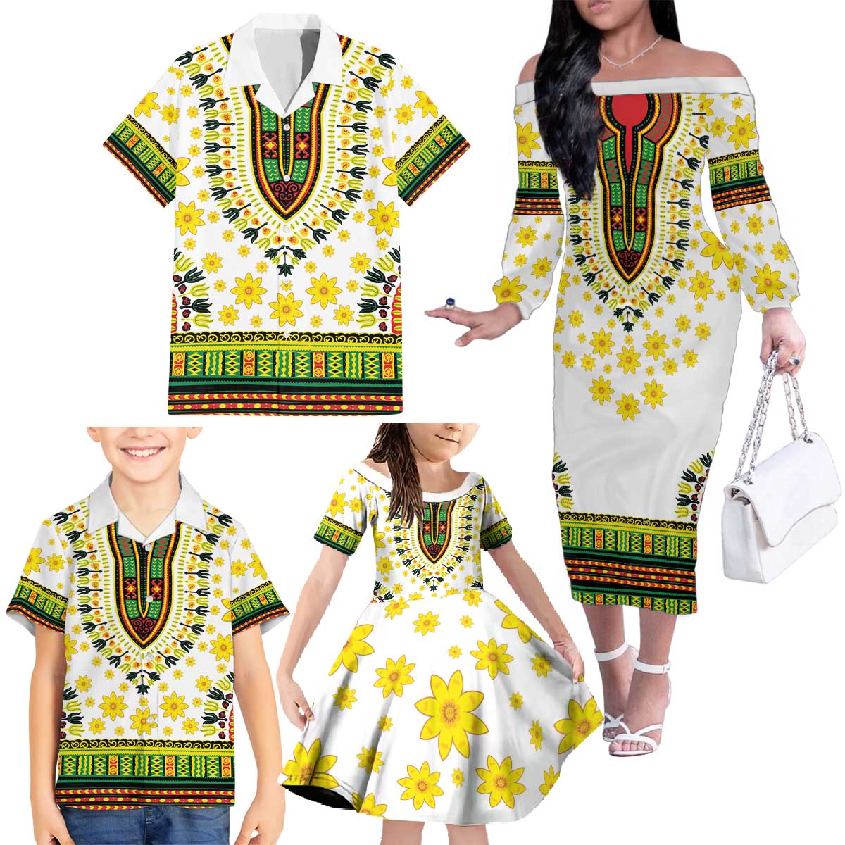 Enkutatash Dashiki and Adey Abeba Family Matching Off The Shoulder Long Sleeve Dress and Hawaiian Shirt - Wonder Print Shop