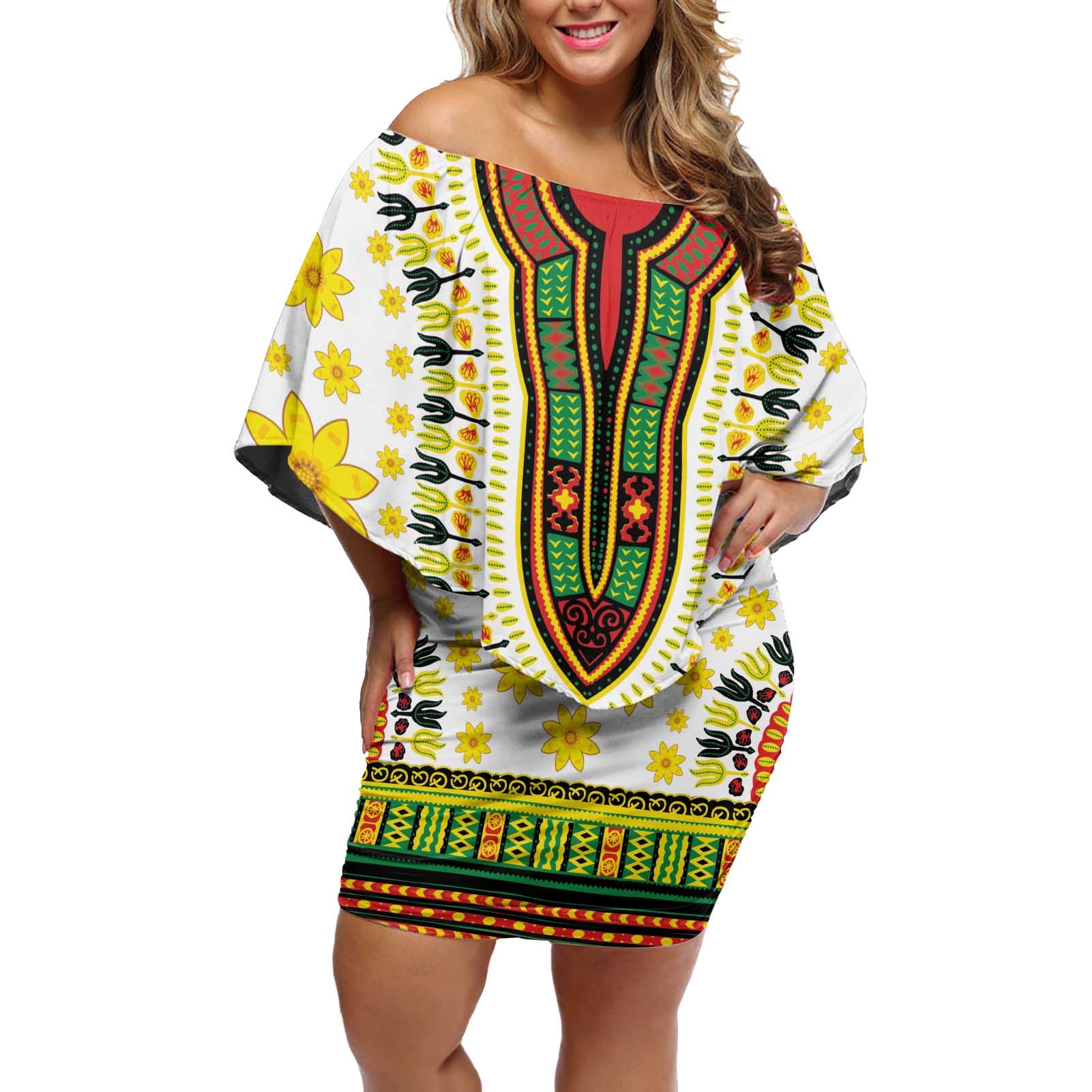 Enkutatash Dashiki and Adey Abeba Off Shoulder Short Dress - Wonder Print Shop