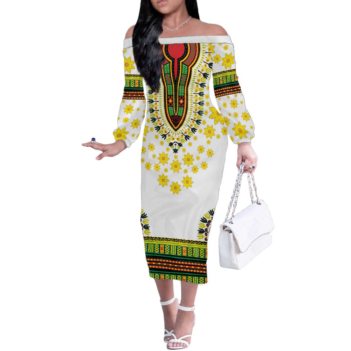 Enkutatash Dashiki and Adey Abeba Off The Shoulder Long Sleeve Dress - Wonder Print Shop