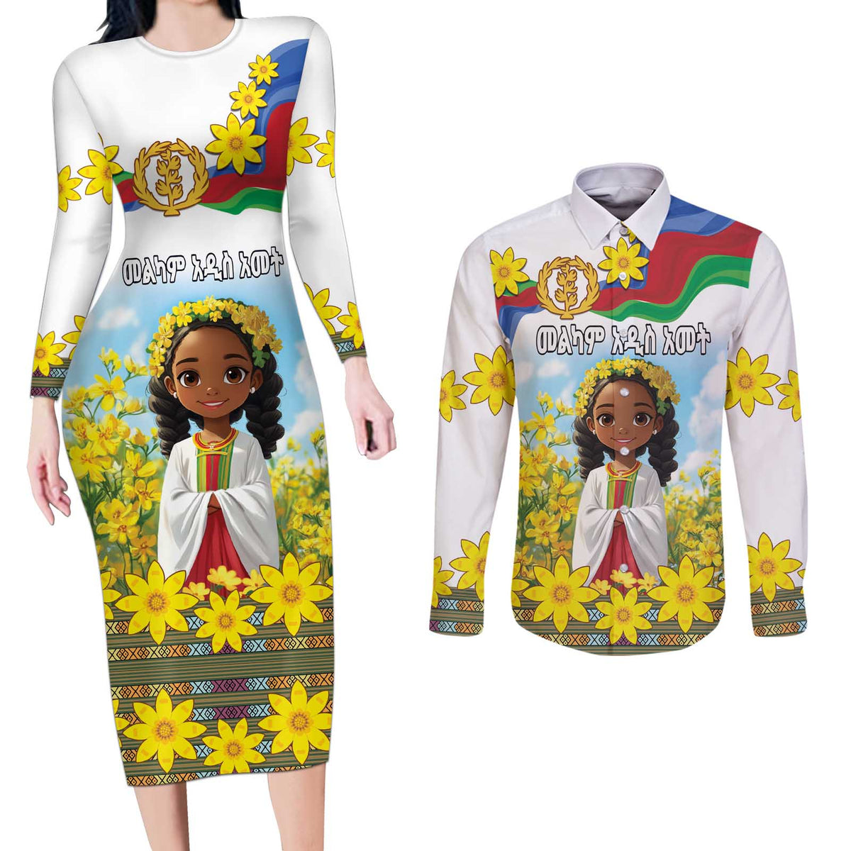 Happy Enkutatash Eritrea Personalized Couples Matching Long Sleeve Bodycon Dress and Long Sleeve Button Shirt Beautiful Girl Adey Abeba Flower LT9 - Wonder Print Shop