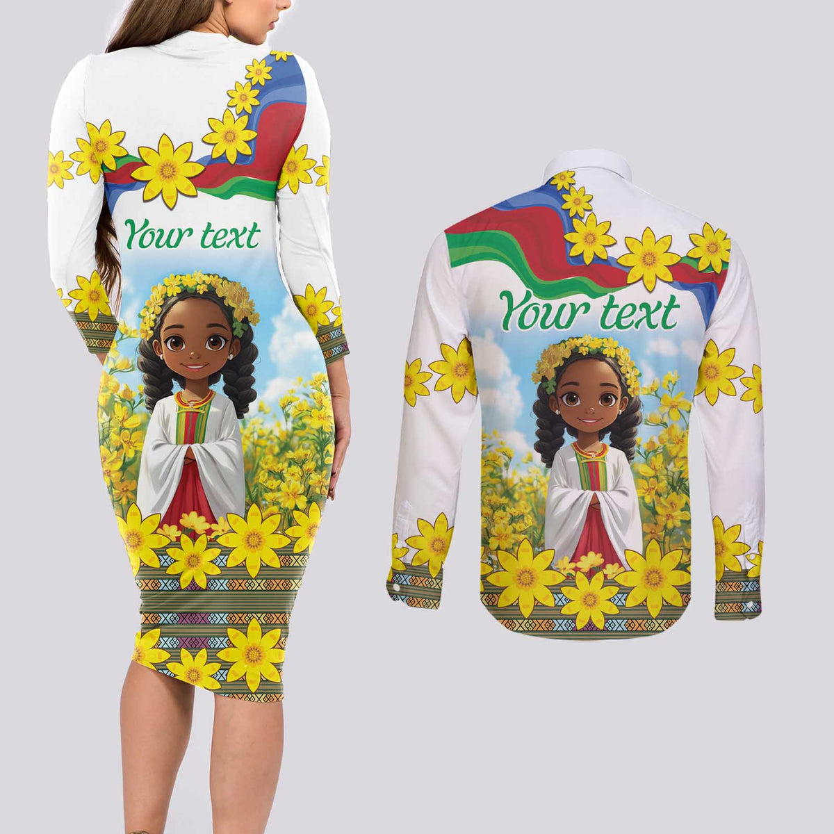 Happy Enkutatash Eritrea Personalized Couples Matching Long Sleeve Bodycon Dress and Long Sleeve Button Shirt Beautiful Girl Adey Abeba Flower LT9 - Wonder Print Shop