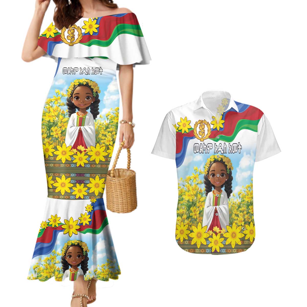 Happy Enkutatash Eritrea Personalized Couples Matching Mermaid Dress and Hawaiian Shirt Beautiful Girl Adey Abeba Flower LT9 - Wonder Print Shop