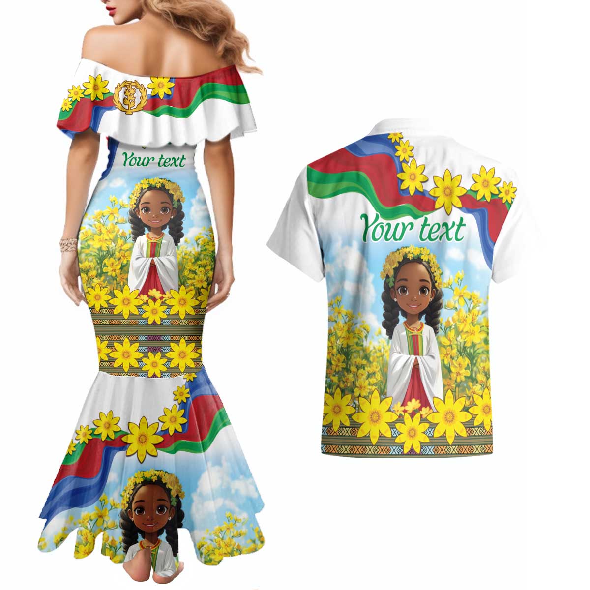 Happy Enkutatash Eritrea Personalized Couples Matching Mermaid Dress and Hawaiian Shirt Beautiful Girl Adey Abeba Flower LT9 - Wonder Print Shop