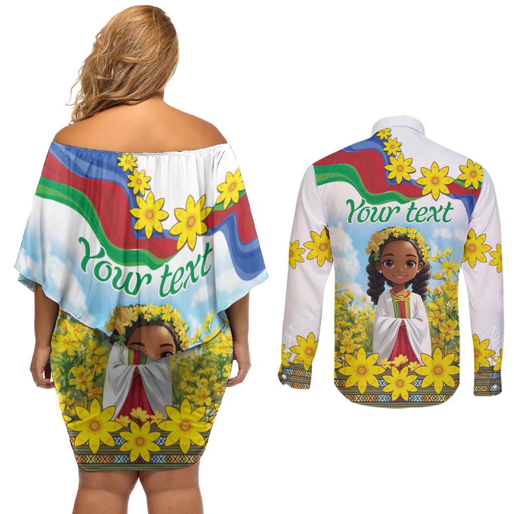 Happy Enkutatash Eritrea Personalized Couples Matching Off Shoulder Short Dress and Long Sleeve Button Shirt Beautiful Girl Adey Abeba Flower LT9 - Wonder Print Shop