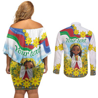 Happy Enkutatash Eritrea Personalized Couples Matching Off Shoulder Short Dress and Long Sleeve Button Shirt Beautiful Girl Adey Abeba Flower LT9 - Wonder Print Shop