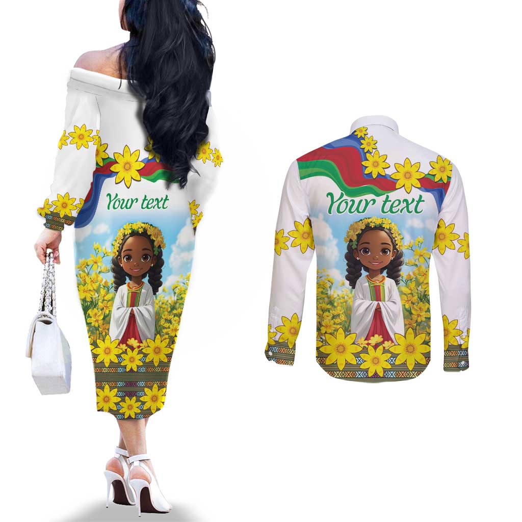 Happy Enkutatash Eritrea Personalized Couples Matching Off The Shoulder Long Sleeve Dress and Long Sleeve Button Shirt Beautiful Girl Adey Abeba Flower