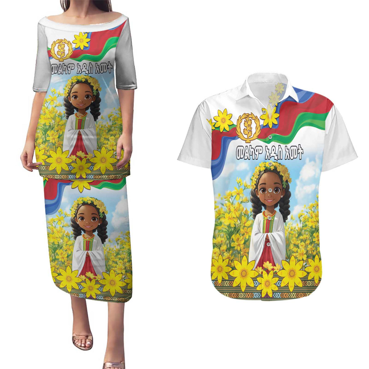 Happy Enkutatash Eritrea Personalized Couples Matching Puletasi and Hawaiian Shirt Beautiful Girl Adey Abeba Flower LT9 - Wonder Print Shop
