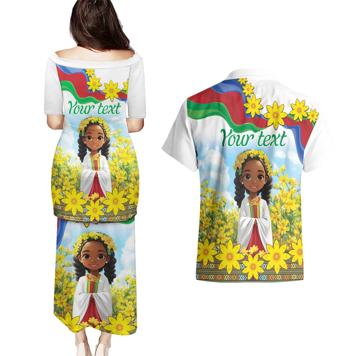 Happy Enkutatash Eritrea Personalized Couples Matching Puletasi and Hawaiian Shirt Beautiful Girl Adey Abeba Flower LT9 - Wonder Print Shop