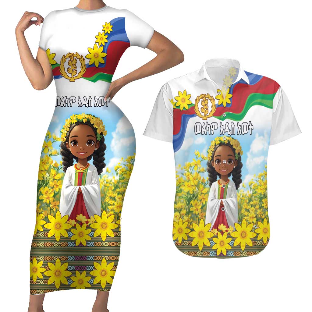 Happy Enkutatash Eritrea Personalized Couples Matching Short Sleeve Bodycon Dress and Hawaiian Shirt Beautiful Girl Adey Abeba Flower LT9 - Wonder Print Shop