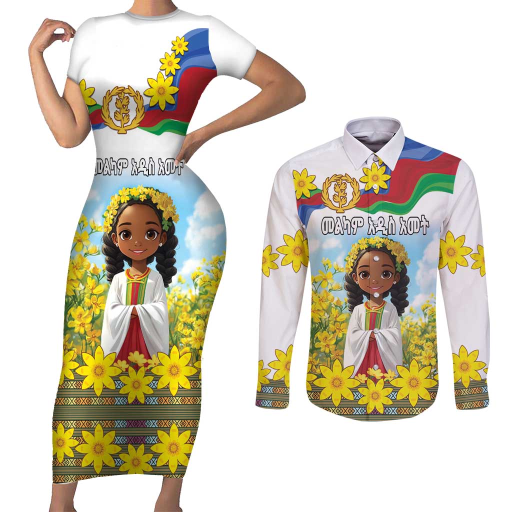 Happy Enkutatash Eritrea Personalized Couples Matching Short Sleeve Bodycon Dress and Long Sleeve Button Shirt Beautiful Girl Adey Abeba Flower LT9 - Wonder Print Shop