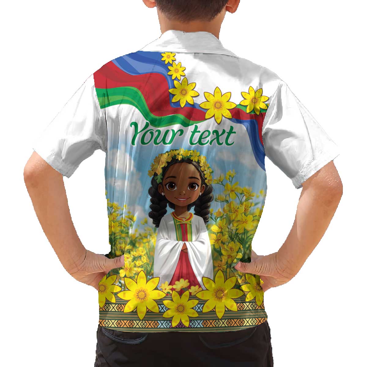 Happy Enkutatash Eritrea Personalized Family Matching Off The Shoulder Long Sleeve Dress and Hawaiian Shirt Beautiful Girl Adey Abeba Flower - Wonder Print Shop