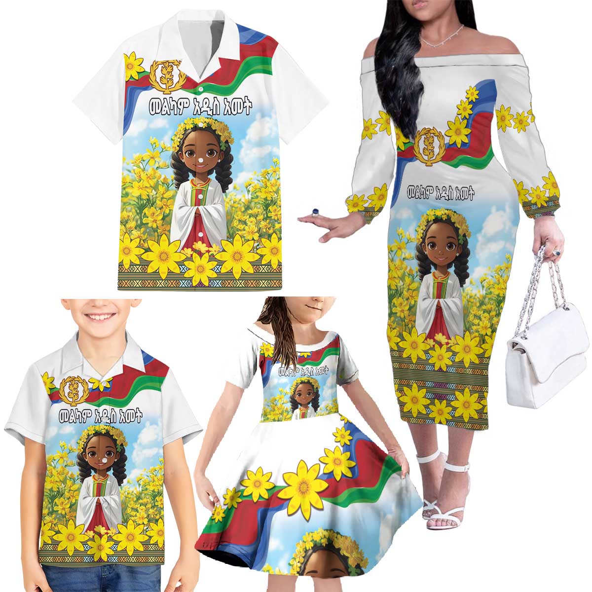 Happy Enkutatash Eritrea Personalized Family Matching Off The Shoulder Long Sleeve Dress and Hawaiian Shirt Beautiful Girl Adey Abeba Flower - Wonder Print Shop