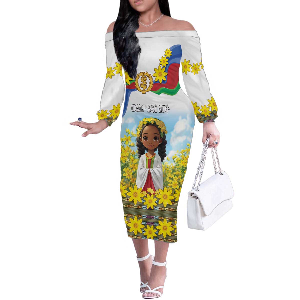 Happy Enkutatash Eritrea Personalized Family Matching Off The Shoulder Long Sleeve Dress and Hawaiian Shirt Beautiful Girl Adey Abeba Flower - Wonder Print Shop