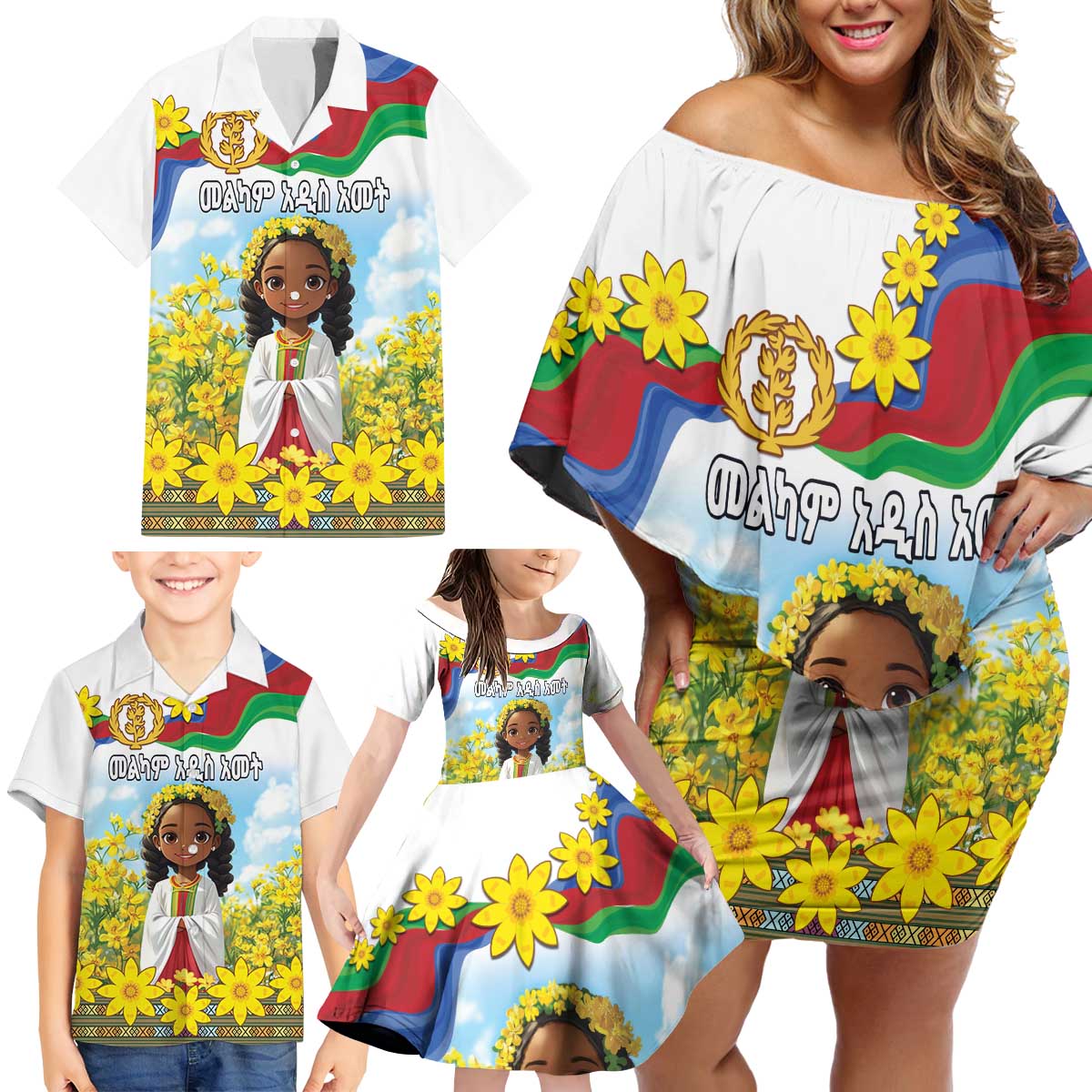 Happy Enkutatash Eritrea Personalized Family Matching Off Shoulder Short Dress and Hawaiian Shirt Beautiful Girl Adey Abeba Flower LT9 - Wonder Print Shop