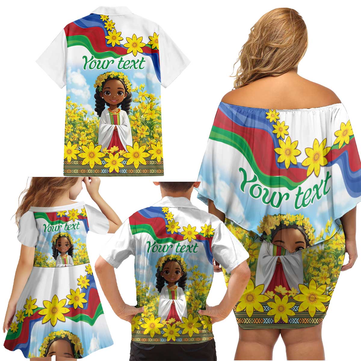 Happy Enkutatash Eritrea Personalized Family Matching Off Shoulder Short Dress and Hawaiian Shirt Beautiful Girl Adey Abeba Flower LT9 - Wonder Print Shop