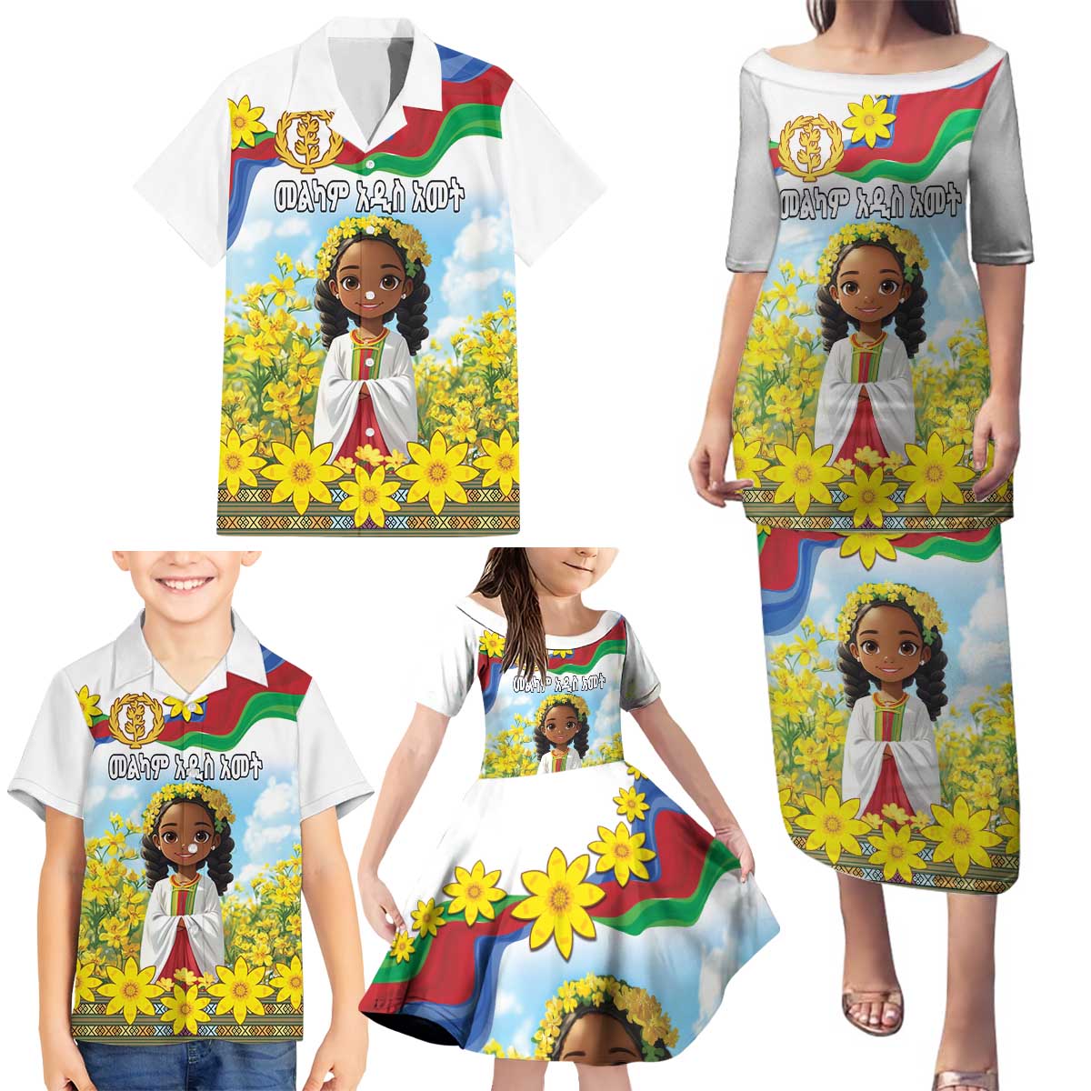 Happy Enkutatash Eritrea Personalized Family Matching Puletasi and Hawaiian Shirt Beautiful Girl Adey Abeba Flower - Wonder Print Shop