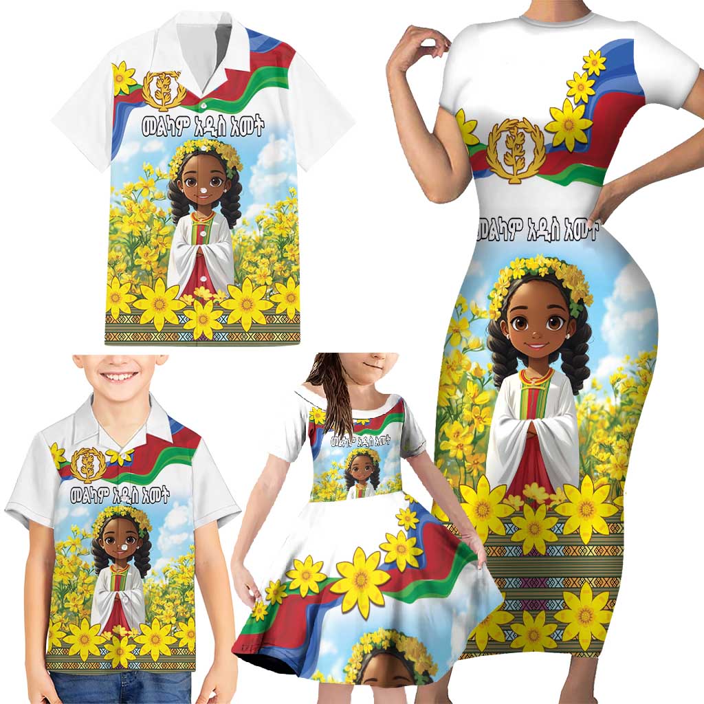 Happy Enkutatash Eritrea Personalized Family Matching Short Sleeve Bodycon Dress and Hawaiian Shirt Beautiful Girl Adey Abeba Flower - Wonder Print Shop