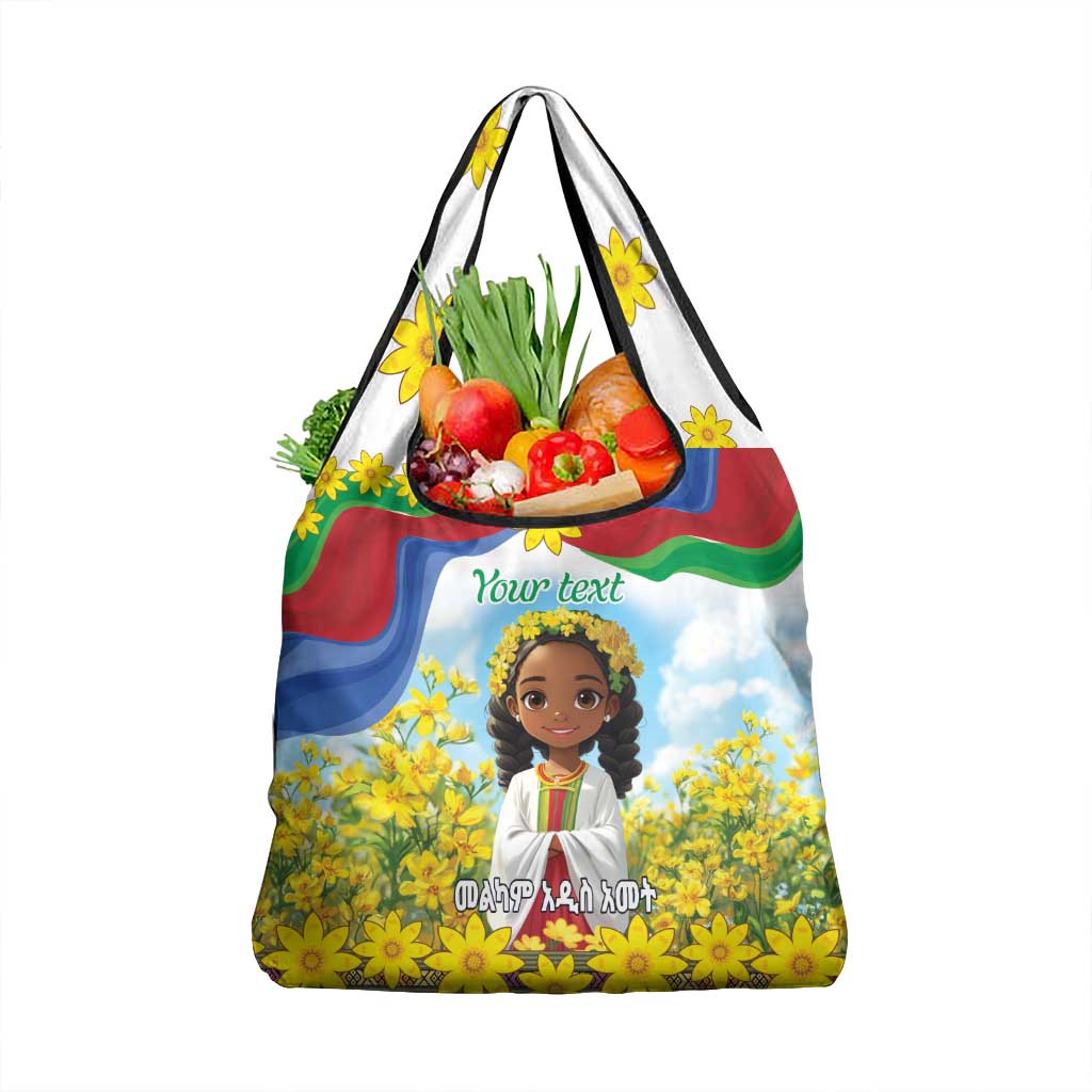 Happy Enkutatash Eritrea Personalized Grocery Bag Beautiful Girl Adey Abeba Flower