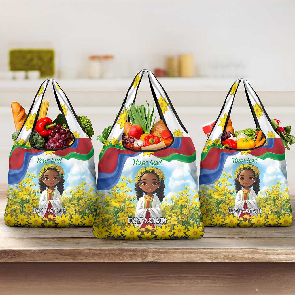 Happy Enkutatash Eritrea Personalized Grocery Bag Beautiful Girl Adey Abeba Flower