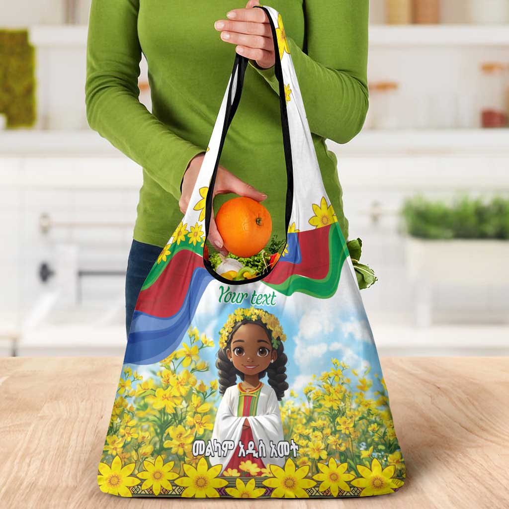 Happy Enkutatash Eritrea Personalized Grocery Bag Beautiful Girl Adey Abeba Flower