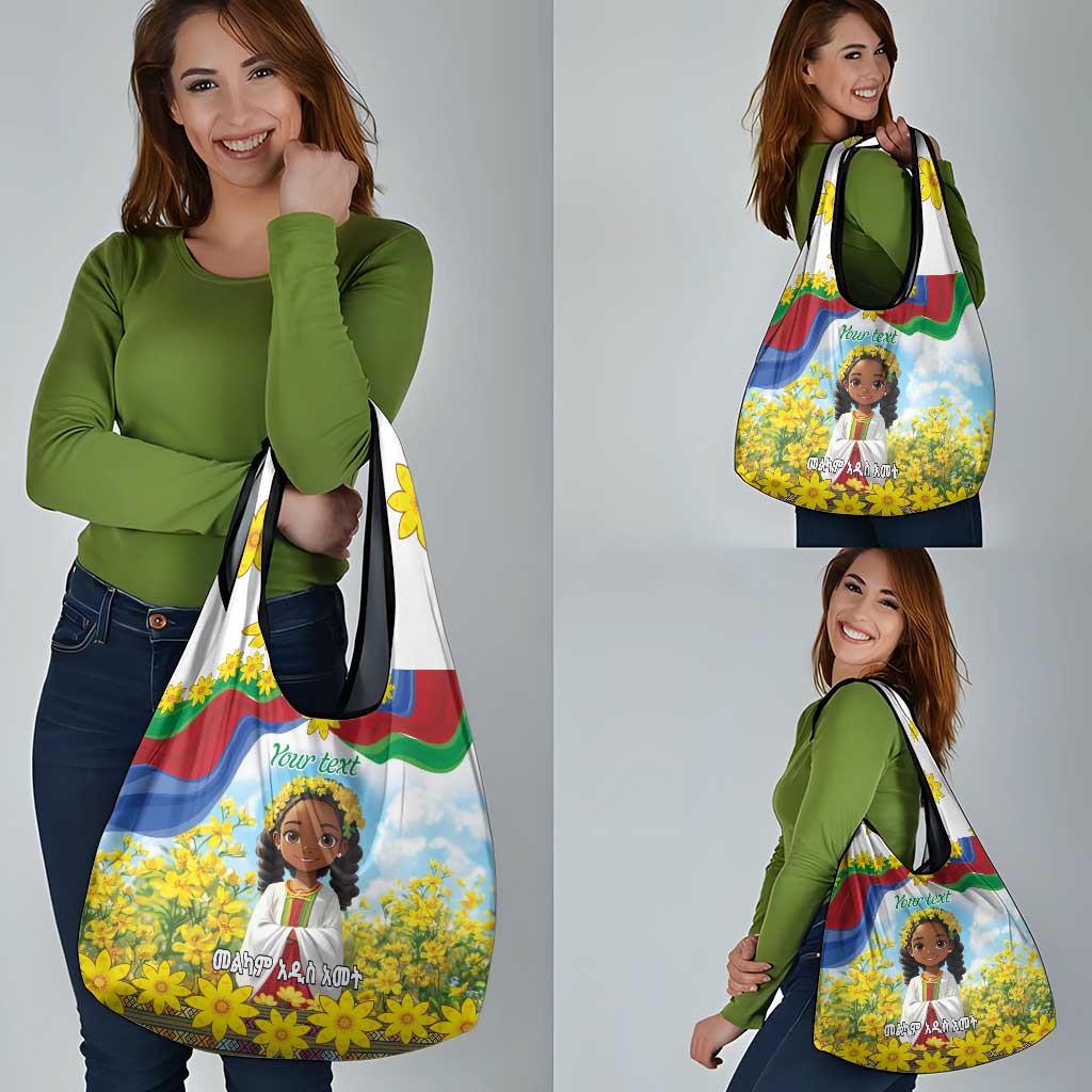 Happy Enkutatash Eritrea Personalized Grocery Bag Beautiful Girl Adey Abeba Flower